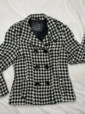 Women’s Last Kiss Black White Houndstooth Coat Pea Coat Size Medium